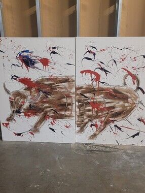 Abstract Drip Diptych Canvas Art Bull in White, Brown, Red, Navy 3'x4'